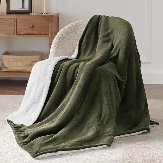 Bedsure GentleSoft Sherpa Fleece Throw Blanket Twin Size for Couch - Thick and Warm Throw for Women and Men, Soft Fuzzy Plush Twin Blanket for Winter, Olive Green, 60x80 Inches