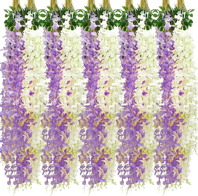 Giegxin 24 Pcs Artificial Wisteria Hanging Flowers 3.6 ft Artificial Fake Wisteria Vine Rattan Hanging Garland Silk Flowers String for Wall Home Wedding Party Greenery Decorations (Purple,White)