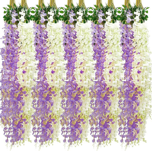 Giegxin 24 Pcs Artificial Wisteria Hanging Flowers 3.6 ft Artificial Fake Wisteria Vine Rattan Hanging Garland Silk Flowers String for Wall Home Wedding Party Greenery Decorations (Purple,White)