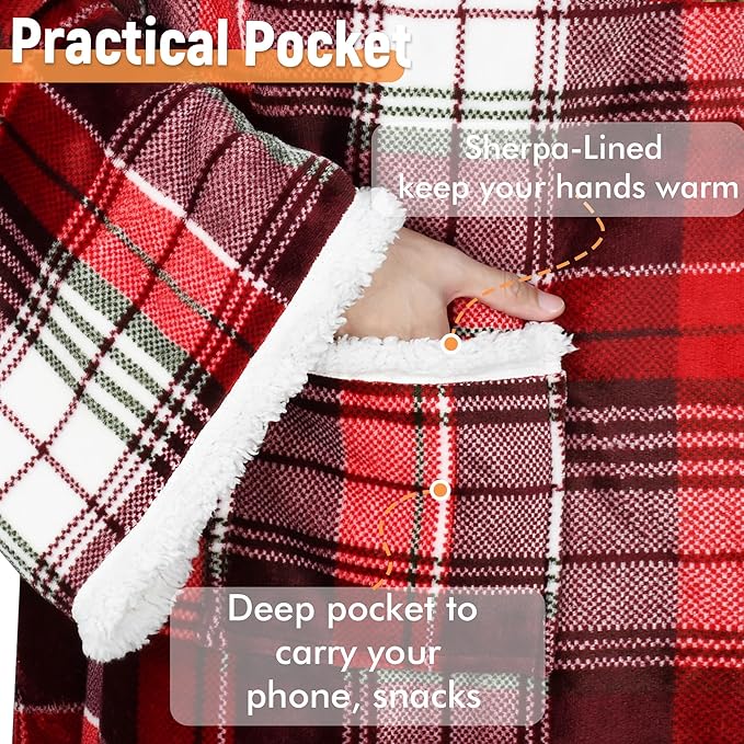 Catalonia Sherpa Wearable Blanket with Sleeves & Foot Pockets for Adult Women Men, Comfy Snuggly Wrap Sleeved Throw Blanket Robe, Gift Idea, Plaid