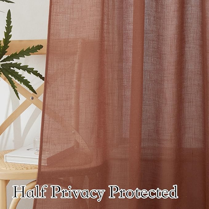 RYB HOME Curtains 63 inch Length, Semi Sheer Linen Blend Light Filtering Shades UV Protection Window Panels Drapes for Farmhouse, Living Room, Study, Home Office, 52 Wide x 63 inch Long, Terracotta