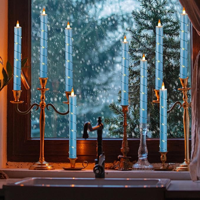 Da by 3 Pcs Flickering Flameless Battery Operated Taper Candle-Window Candles with Remote and Time-LED 3D Dynamic Flame-9.6 Inches for Wedding, Party,Home Decoration-Blue