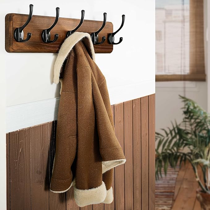 WEBI Coat Rack Wall Mount,Coat Hooks Wall Mounted,16" Hole to Hole,Coat Hanger Wall,Hook Rack Rail,5 Hooks for Hanging Jacket,Clothes,Hats,Rustic Brown