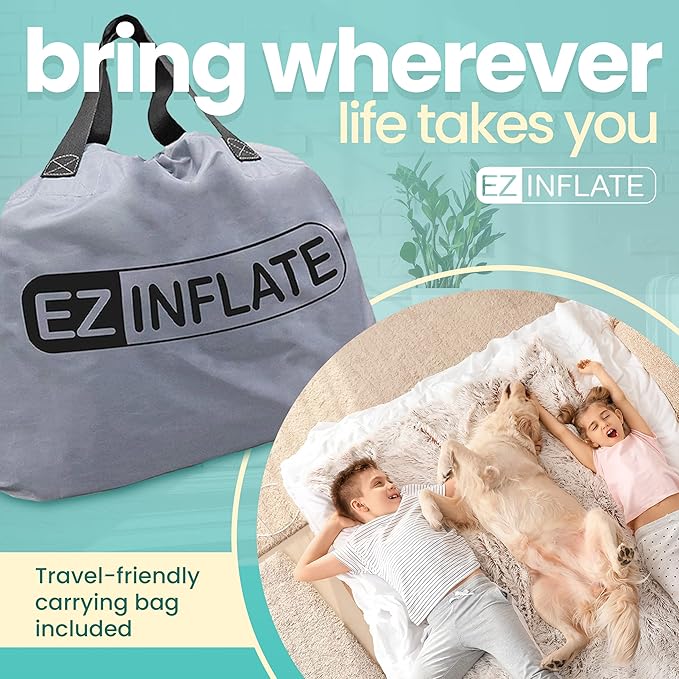 EZ INFLATE Air Mattress with Built in Pump - King Size Double-High Inflatable Mattress with Flocked Top - Easy Inflate, Waterproof, Portable Blow Up Bed for Camping & Travel