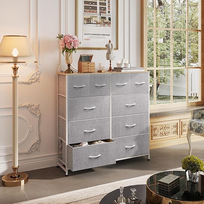 WLIVE Fabric Dresser for Bedroom, Dresser with 10 Drawers, Storage Tower with Fabric Bins, Double Dressers, Chest of Drawers for Closet, Living Room, Hallway, Light Grey