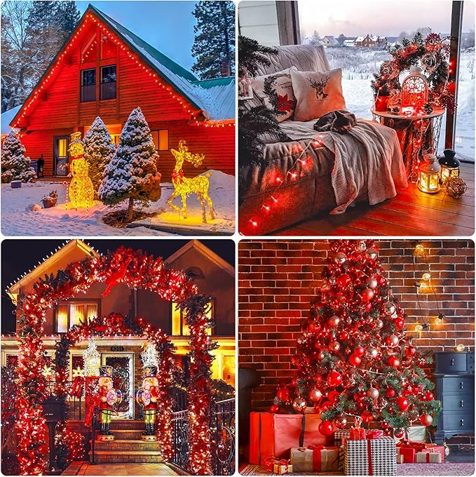 JMEXSUSS 33ft 100 LED Red Battery Operated Lights with Remote, Red Christmas Lights Battery Operated, Christmas String Light Indoor Outdoor for Tree House Yard Xmas Decor