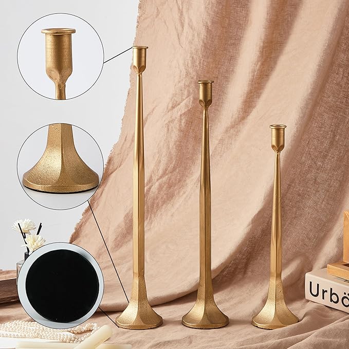 Denique Iron Taper Candle Holder Set of 3, Black Candlestick Holders 19.3”17” 14” Heightening Decorative Candle Stand Set for Wedding, Dining Table, Home Decoration (Gold)
