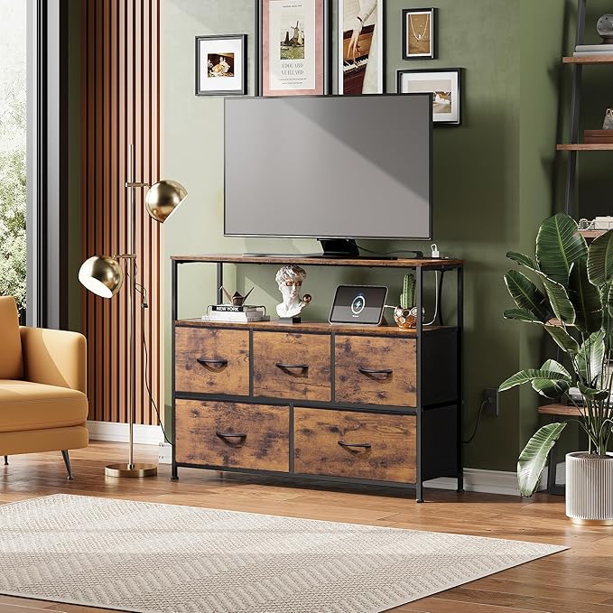 WLIVE Dresser for Bedroom, 5 Drawer Dressers with Charging Station, Fabric Chest of Drawers with Open Shelves, Storage Dresser for Living Room, Closet, Entryway, Rustic Brown Wood Grain Print