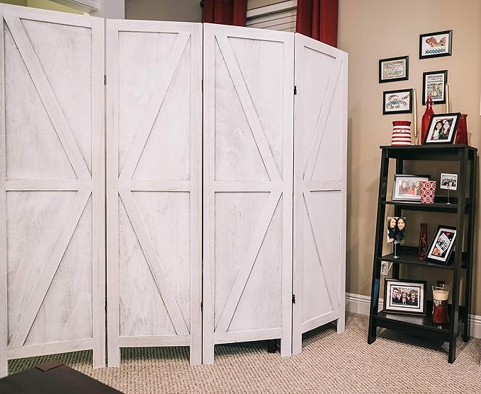 Premium Home 4-Panel Room Divider – Rustic White Barn Door, K Pattern Folding Privacy Screen, Partition Wall