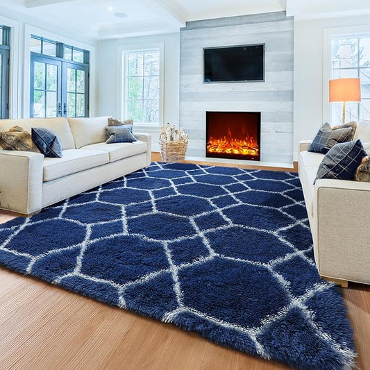 ONASAR Geometric Area Rugs 5x8 for Living Room, Fluffy Moroccan Navy and White Rug for Boys Bedroom Home Decor Aesthetic, Soft Shaggy Plush Floor Carpet for Kids Girls Teen Nursery Playroom Office