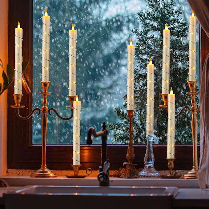 Da by 3 Pcs Flickering Flameless Battery Operated Taper Candle-Window Candles with Remote and Time-LED 3D Dynamic Flame-9.6 Inches for Wedding, Party,Home Decoration-Ivory