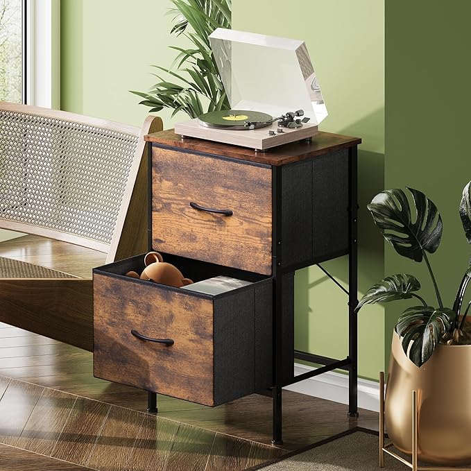 WLIVE Night Stand Set 2, Dresser and Nightstand Sets, Nightstands with 2 Fabric Drawers, End Tables for Bedroom, Bedside Furniture, College Dorm, Rustic Brown Wood Grain Print, Size L