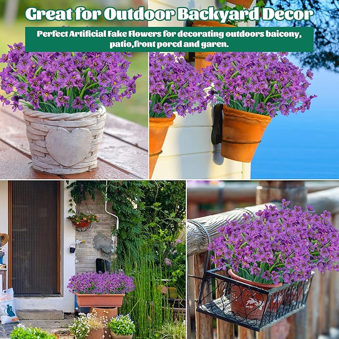 Lnoicy 24 Pcs Artificial Flowers for Outdoor,Plastic Flowers Decoration, UV Resistant Faux Flowers Shrubs, Artificial Plants for Indoor Outside Garden Home Wedding Farmhouse（Purple