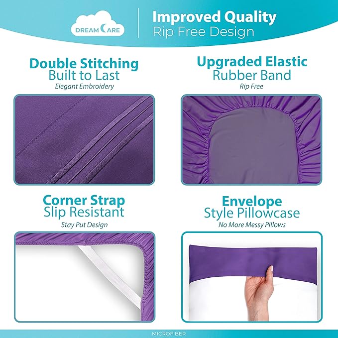 DREAMCARE Twin XL Sheet Sets – 3pcs Cooling Sheets – up to 15” Deep Pocket Twin XL Sheets Set – Hotel Luxury Sheets & Pillowcases – Superior Softness 100% Fine Microfiber with Side Pocket – Purple