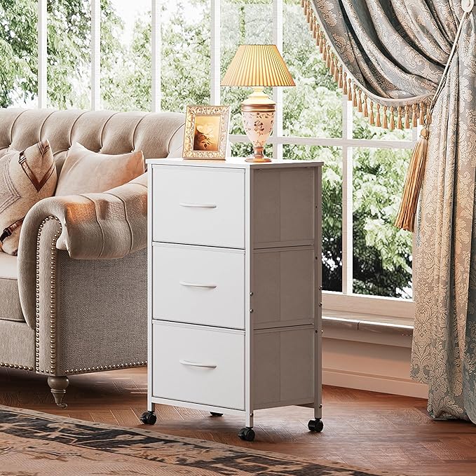 WLIVE Dresser with 3 Drawers, Fabric Nightstand, Cabinet with Wheels, Organizer Storage Dresser for Bedroom, Office, Entryway, Closets, Sturdy Steel Frame, Wood Top, Easy Pull Handle, White