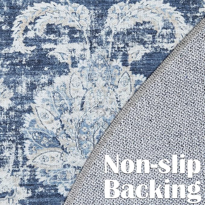 jinchan Round Rug 6ft Area Rugs Vintage Floral Distressed Design - Machine Washable Non-Slip Low-Pile Ultra-Thin Circle Rug for Entryway Bedside Living Room Dining Room Bedroom (6' Round,Dark Blue)