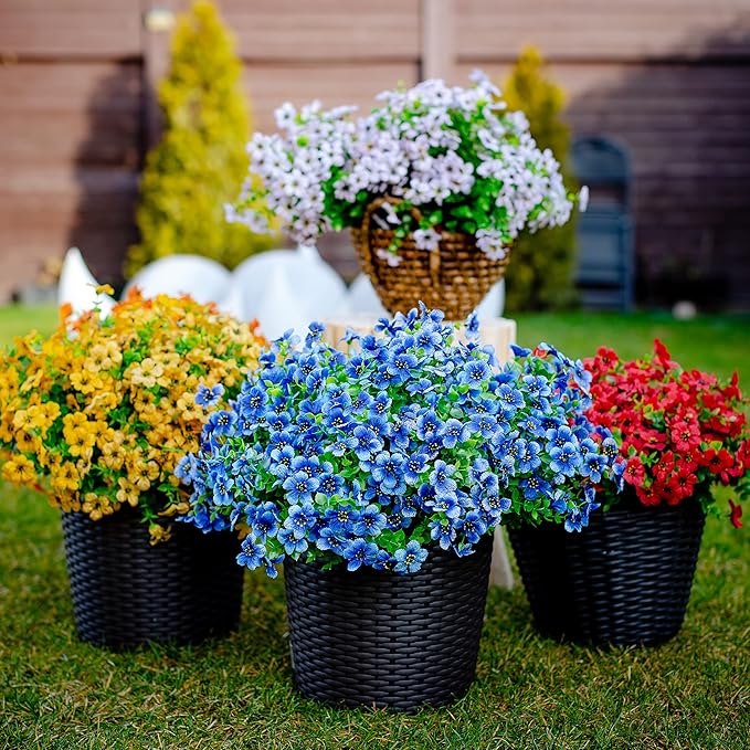 Artificial Flowers for Outdoors Fake Plants - 16 Bundles Faux Outside Greenery Boxwood No Fade Plastic Shrubs Fall Decor Farmhouse Home Garden (Blue)