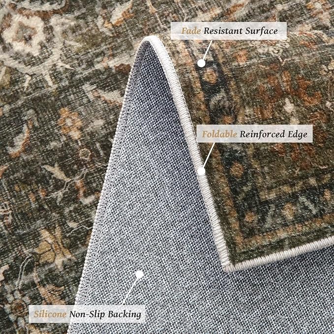 Washable 5x7 Area Rugs for Living Room, Boho Non-Slip Silicone Backing Rugs for Bedroom Dining Room Nursery Office, 0.3" Neutral Oriental Throw Carpet with 0.16" Cushioning Pad, Deep Brown/Multi