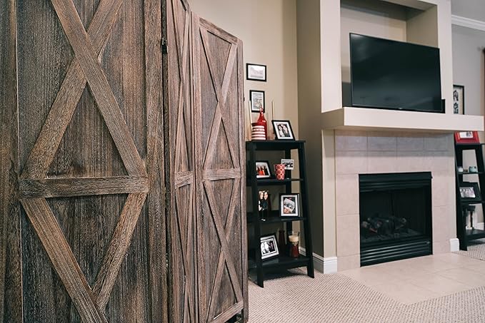 Premium Home 6-Panel Room Divider – Rustic Brown Barn Door, X Pattern Folding Privacy Screen, Partition Wall