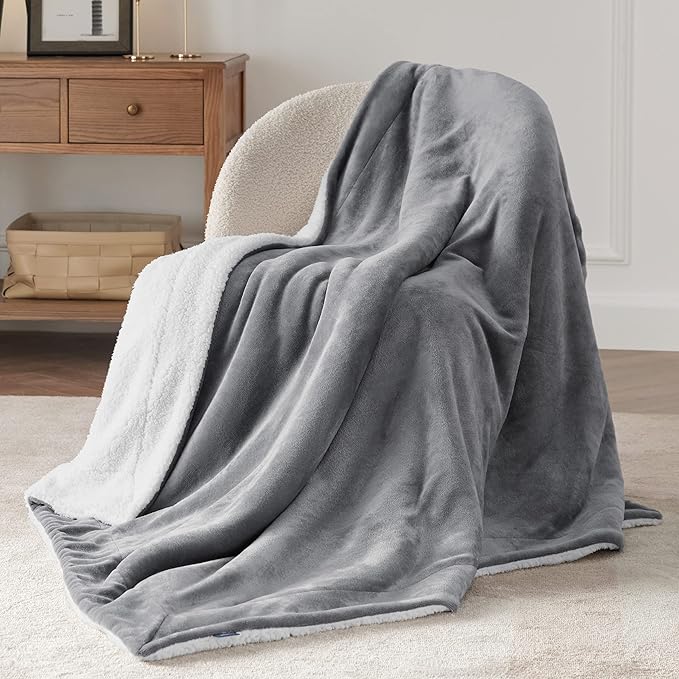 Bedsure GentleSoft Sherpa Fleece Throw Blanket Twin Size for Couch - Thick and Warm Throw for Women and Men, Soft Fuzzy Plush Blanke for Winter, Grey, 60x80 Inches