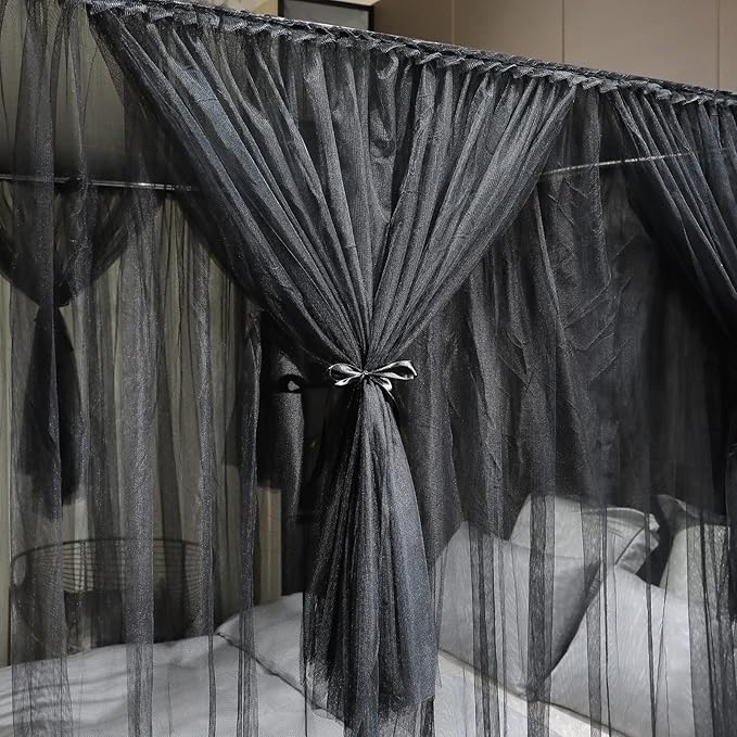 Joyreap 4 Corners Post Canopy Bed Curtain Black- Queen Size Royal Luxurious Cozy Drapes Netting- Elegant Bedroom Decoration Accessories for Adults
