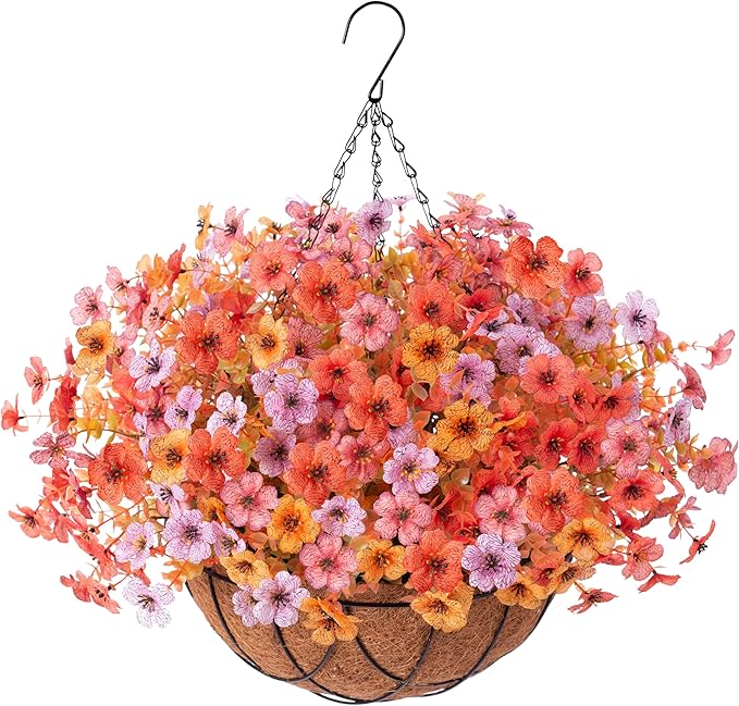 Artificial Fake Hanging Flowers Plants with Basket Outdoor, Faux Silk Colorful Daisy Metal Coconut Lining Plastic Shrubs, Farmhouse Home Garden Patio Yard Decor (Orange Yellow Purple Pink)
