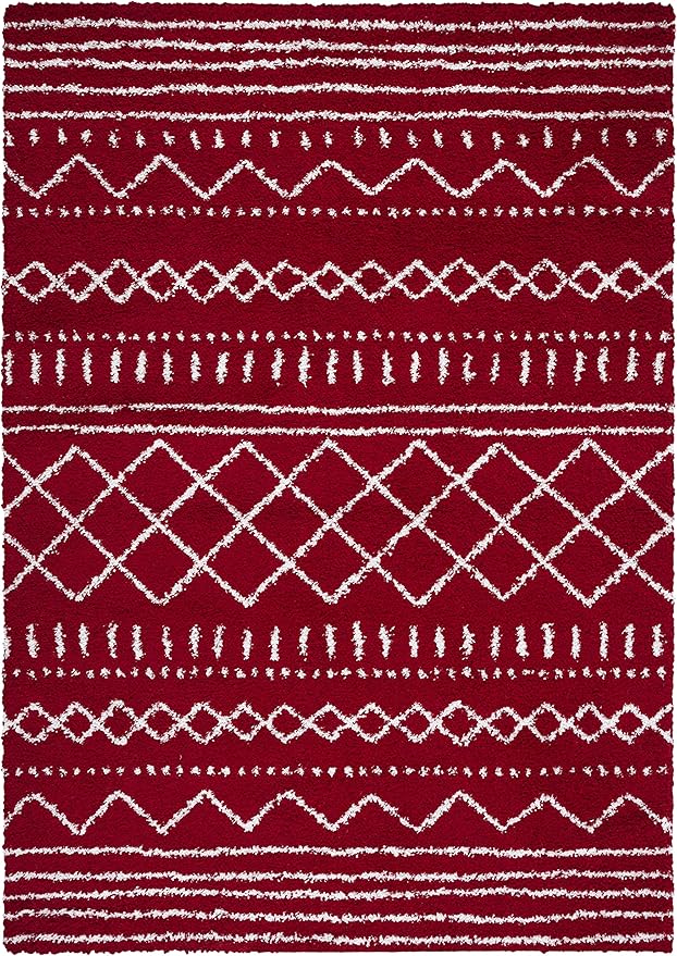 SAFAVIEH Arizona Shag Collection Area Rug - 5'1" x 7'6", Red & Ivory, Moroccan Design, Non-Shedding & Easy Care, 1.6-inch Thick Ideal for High Traffic Areas in Living Room, Bedroom (ASG741Q)