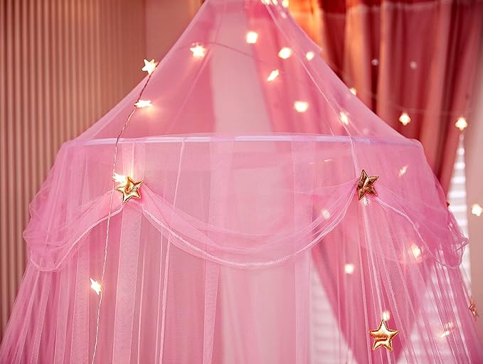 Bed Canopy for Girls with Star Lights,Princess Canopy Bed Curtains Mosquito Net with Gold Star for Girls Room Decor, Canopy for Bed Twin Single Full Queen Size Bed (Pink)