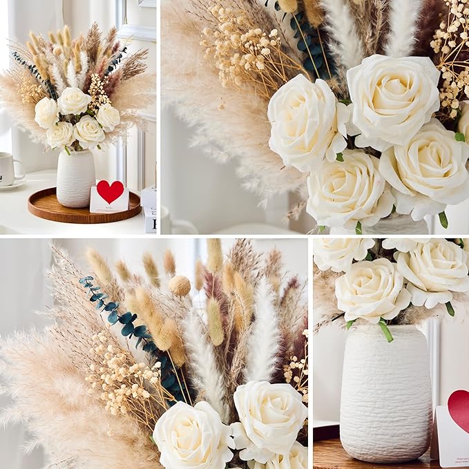 100pcs Artificial Flowers Arrangement With Vase, Fake Flowers Silk Roses in Vase, Coffee Table Decorations,Boho Dried Pampas Grass, Dining Table Decor, Floral Centerpieces for Tables, Centro de Mesa
