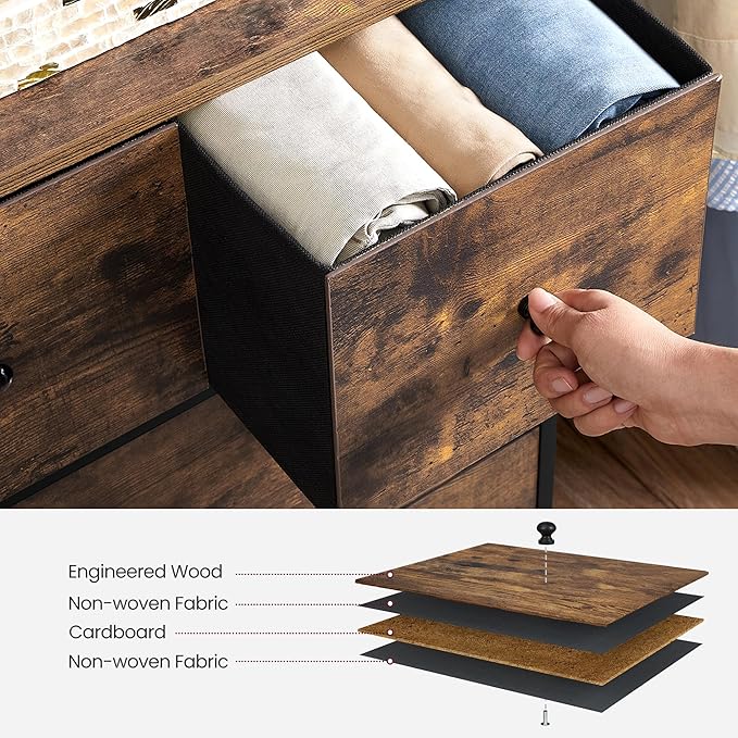 SONGMICS Drawer Dresser, Storage Dresser Tower with 5 Fabric Drawers, Wooden Front and Top, Industrial Style Dresser Unit, for Living Room, Hallway, Nursery, Brown and Black ULGS45H