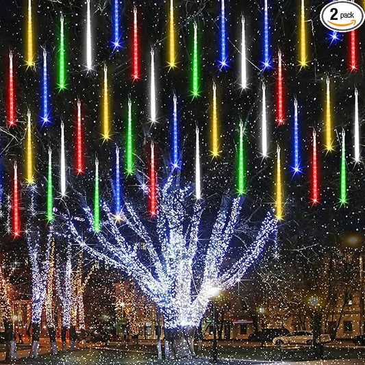 Joomer 2Pack Christmas Lights Outdoor, 11.8 inch 10 Tubes 240 LED Meteor Shower Lights, LED Falling Icicle Cascading Light with Timer Waterproof and Connectable for Christmas Decoration (Multicolor)
