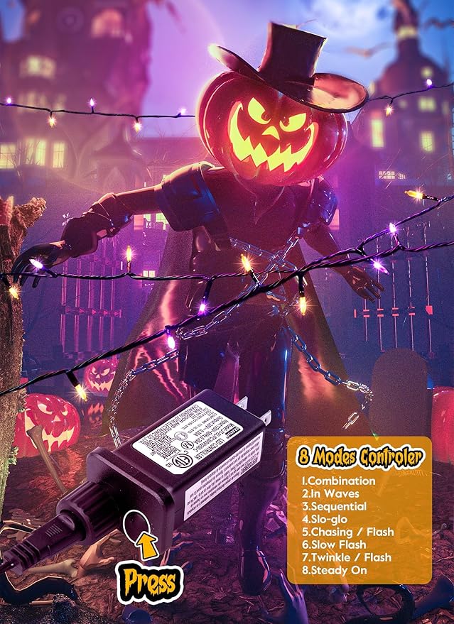 Outdoor Halloween Lights, 39Feet 100 LED Mini Lights with 8 Lighting Modes, Connectable Halloween String Light Plug In for Garden Patio Party Haunted House Ghost Holiday Decoration, Orange & Purple