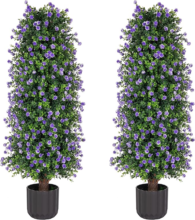 Sunnyglade 2 Packs Artificial Rose Tree 3FT- Fake Floral Plant Tree in Pot- Decorative Topiary Plant - Cement Filled Potted Faux Flower Plant for Home Office Porch Decor Indoor Outdoor (Purple)