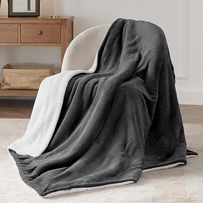 Bedsure GentleSoft Sherpa Fleece Throw Blanket Twin Size for Couch - Thick and Warm Throw for Women and Men, Soft Fuzzy Plush Twin Blanket for Winter, Charcoal, 60x80 Inches
