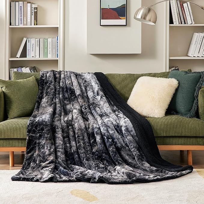 Bedsure GentleSoft Sherpa Fluffy Throw Blanket - Fleece Warm and Cozy Throw for Women Gift, Plush & Fuzzy Faux Fur Christmas Blanket for Couch, Sofa, Bed Decor, Tie Dye Design, Black, 50x60 Inches