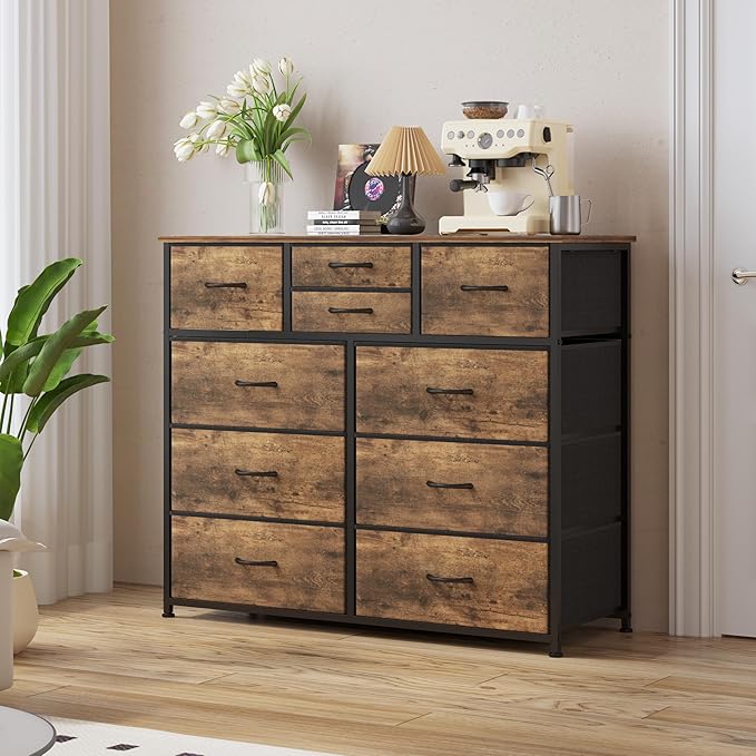 LUMTOK 10-Drawer Dresser, Fabric Storage Dressers for Bedroom, Hallway, Nursery, Closets, Steel Frame, Wood Top, Easy Pull Handle (Rustic Brown)