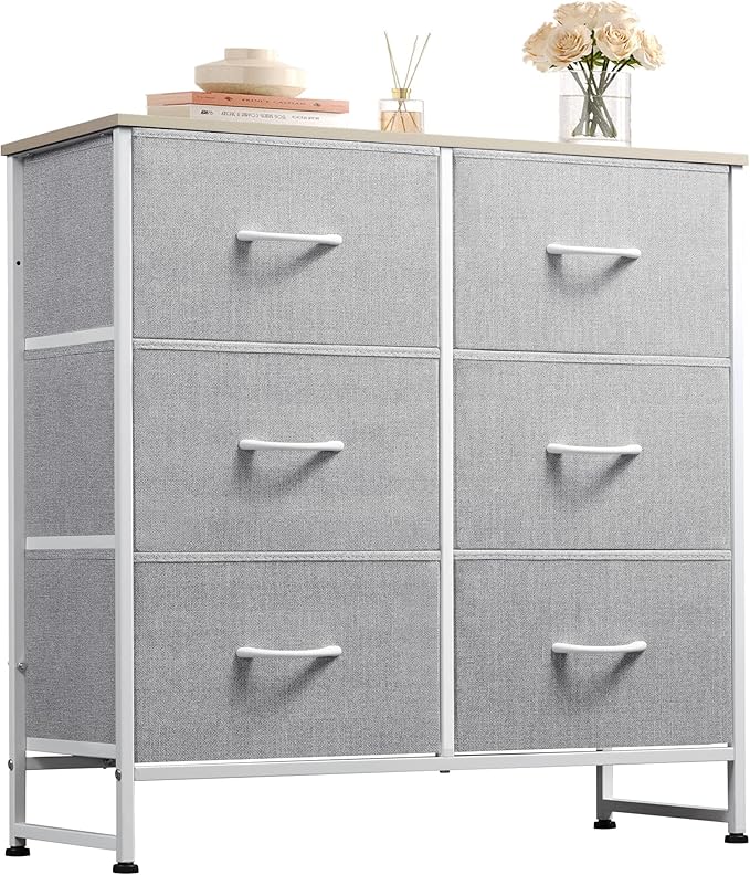 WLIVE Fabric Dresser for Bedroom, 6 Drawer Double Dresser, Storage Tower with Fabric Bins, Chest of Drawers for Closet, Living Room, Hallway, Light Grey