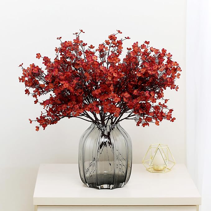 JAKY-Global Babys Breath Silk Artificial Flowers Bulk 12pcs for Fall Decor Fake Flower Bouquet Bulk for Home Kitchen Indoor Bouquet Floral Arrangement Table Centerpieces Party Decor(Burnt Red Brown)