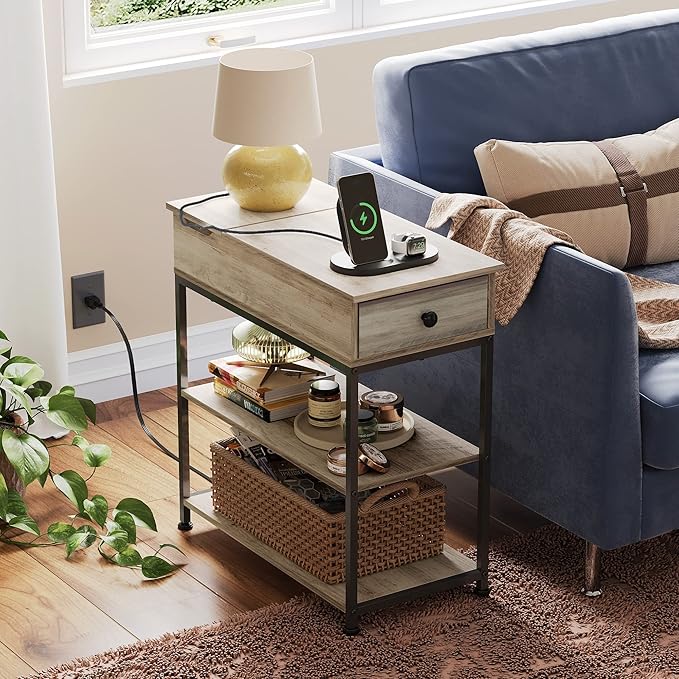 WLIVE Narrow Side Table with 2 USB Ports and 2 Outlets, Flip Top End Table with Drawer and Storage Shelves, Small Nightstand with Charging Station for Living Room/Bedroom, Greige