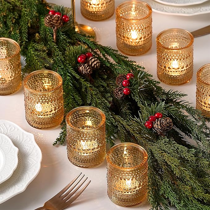 24 Pack Clear Glass Votive Candle Holders, Vintage Candle Holder for Floating Candle, Tealight Candle Holder for Table Centerpieces Home Bridal Shower Birthday Christmas Table Decoration (Amber)