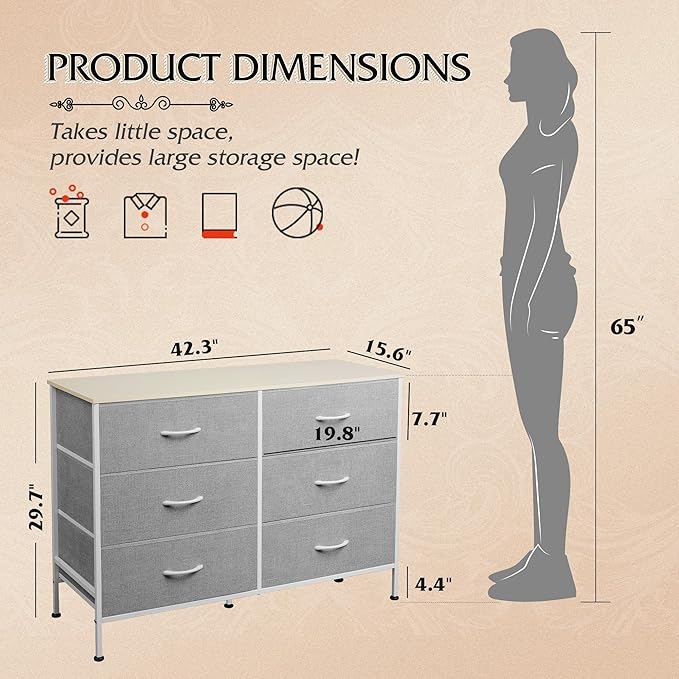 WLIVE 6 Drawer Dresser for Bedroom, Wide Fabric Dresser TV Stand for 50 Inches TV with Metal Frame, Wooden Top, Chest of Drawers, Storage Organizer for Living Room, Hallway, Light Grey