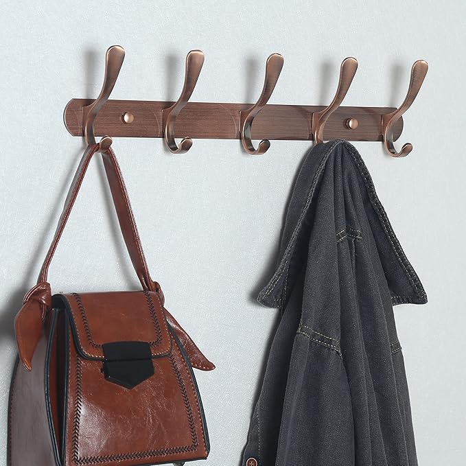 SKOLOO Modern Metal Wall Coat Rack with 5 Hooks, Pack of 2, Sturdy Wall Hook Rack for Hanging Coat, Jacket, Clothes, Hat, Red Copper