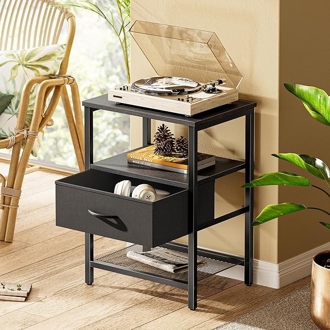 Huuger Night Stand with Fabric Drawer, Side Table with Mesh Shelf, Bedroom Nightstand, Fabric Drawer Dresser, Open Shelf, Metal Frame, Couch Side, Black
