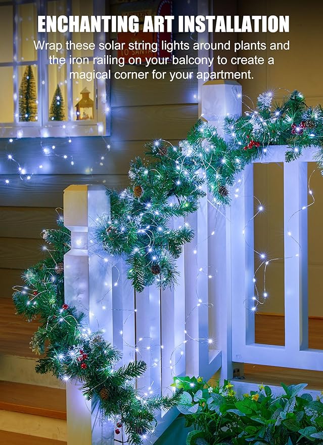 Minetom Solar String Lights for Outside, 33Ft 100 LED Outdoor Solar Fairy Lights, 8 Modes Balcony Lights for Tree Patio Christmas Party Wedding Decor (Pure White)