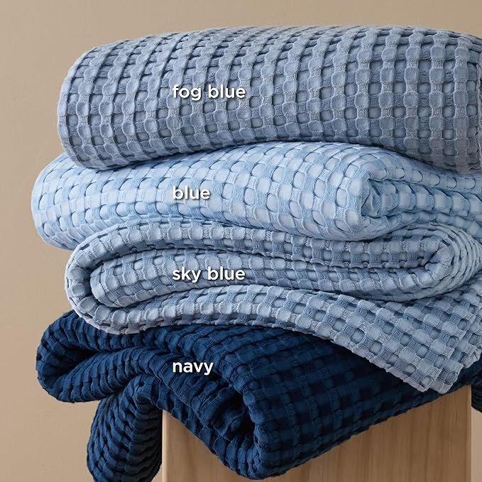 Bedsure Cooling Cotton Waffle King Size Blanket - Lightweight Breathable Blanket of Rayon Derived from Bamboo for Hot Sleepers, Luxury Throws for Bed, Couch and Sofa, Blue, 104x90 Inches