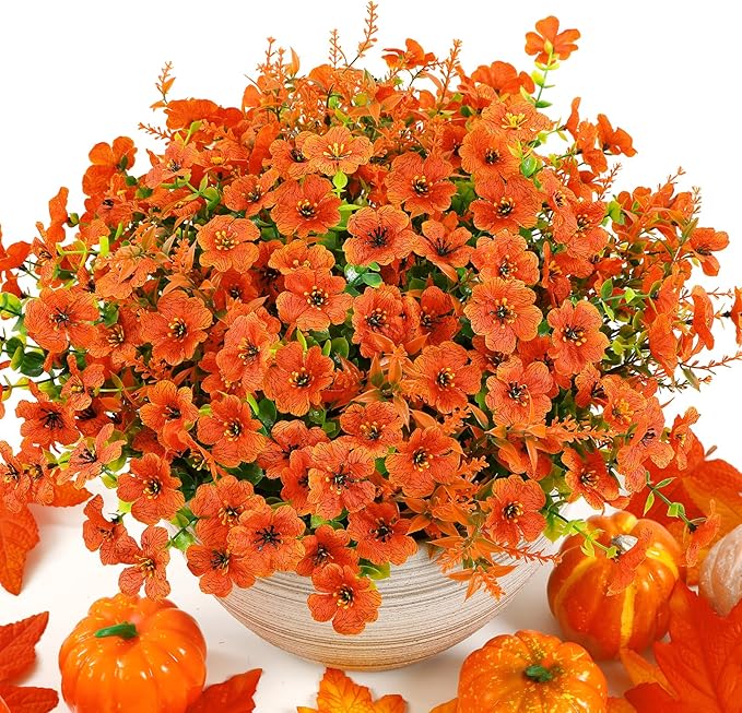 SHareconn 48 Bundles Artificial Fall Flowers for Outdoors Decoration, UV Resistant Silk Eucalyptus Lavender Faux Autumn Fake Plants for Outside Indoor Garden Yard Porch Home Decor, Orange