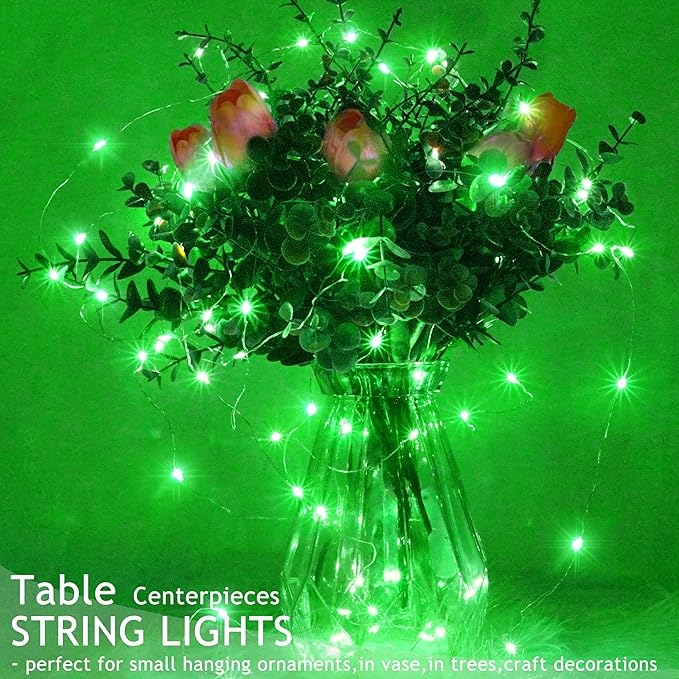 15 Packs 20 Led Green Fairy Lights Battery Operated St Patricks Day Lights 6.6ft Silver String Lights Waterproof Firefly Starry Light for DIY Table Centerpieces Halloween Christmas Party