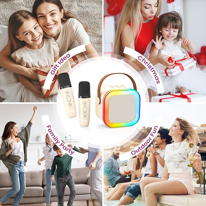 Mini Karaoke Machine for Kids Adults, Kids Toys Karaoke Microphone Singing Speaker, Karaoke Player with 2 Wireless Mic Party, Birthday Gifts for Girls Ages 4, 5, 6, 7, 8, 9, 10, 12+ Years Old(Beige)