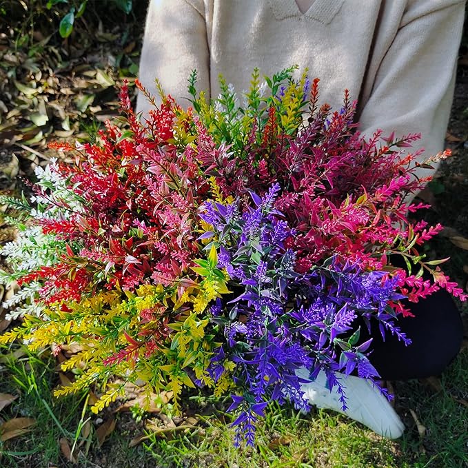 21 Bundles Faux Plants Outdoor Fake Flowers Artificial Flowers Fake Shrubs Greenery Bushes Bouquet UV Resistant Faux Bushes Plastic for Home Garden Decor (7 Colors)