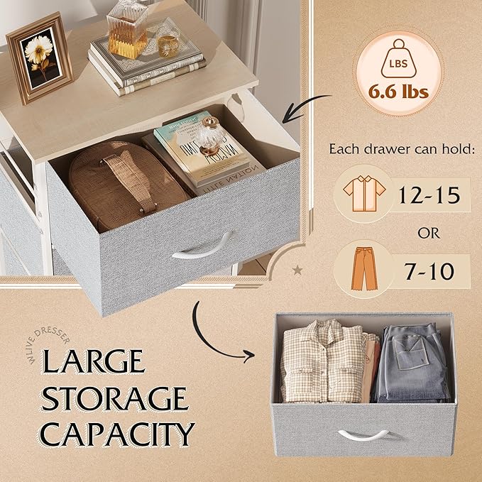WLIVE 4 Drawers Dresser for Bedroom, Light Grey Fabric Clothes Storage Organizer Unit, Dresser for Hallway, Entryway, Closets, Sturdy Steel Frame, Wood Top